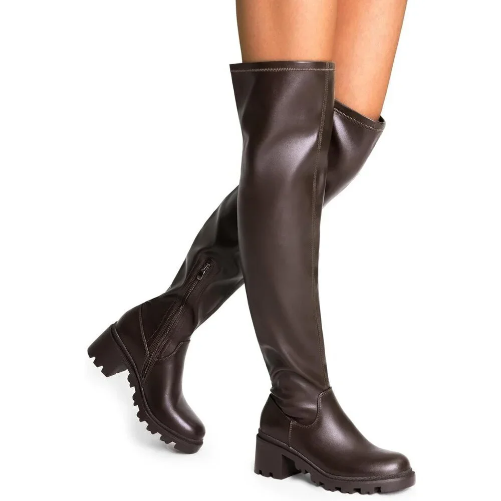 Women's Brown-pu Faux Leather Knee High Over The Knee High Chunky Heel Boots